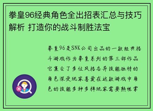 拳皇96经典角色全出招表汇总与技巧解析 打造你的战斗制胜法宝